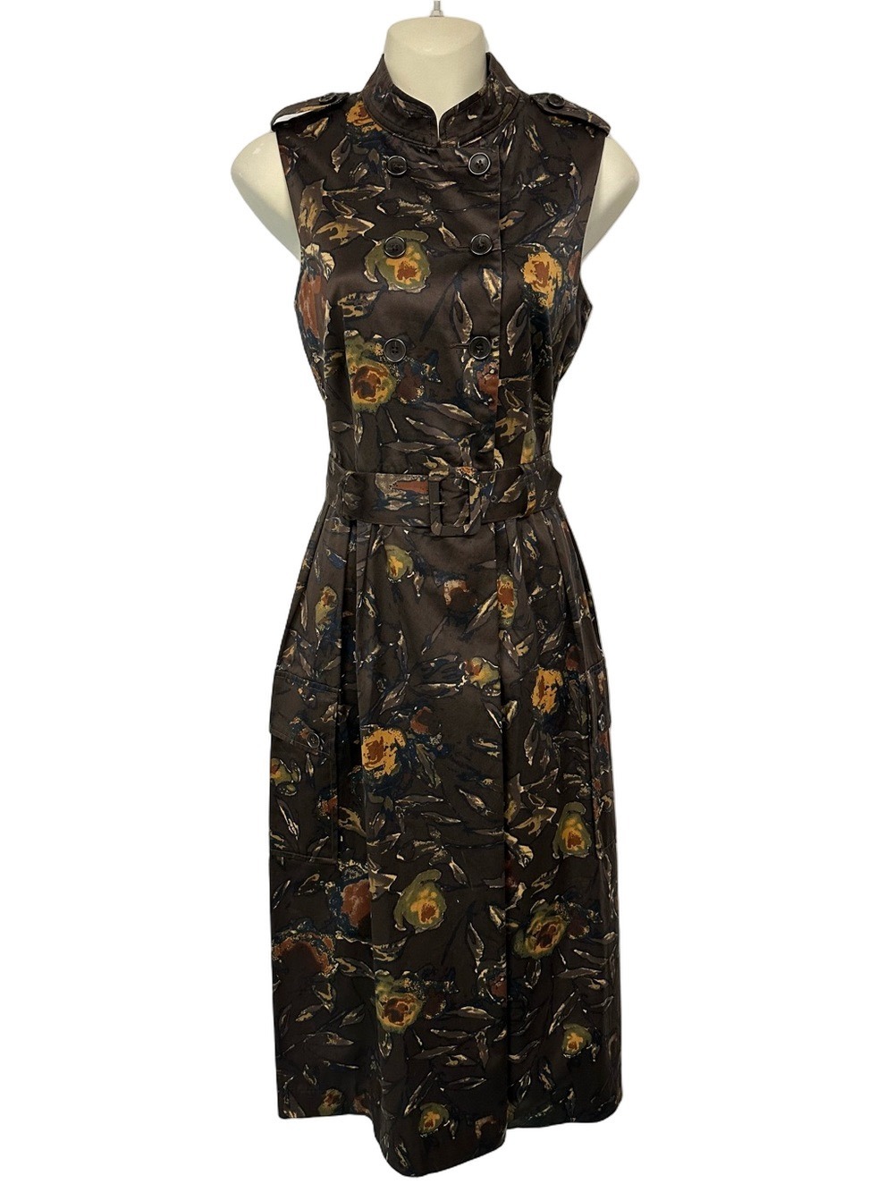 L.L. Bean Brown Cotton Poplin Belted Midi Dress Floral Sleeveless Size 2 Utility
